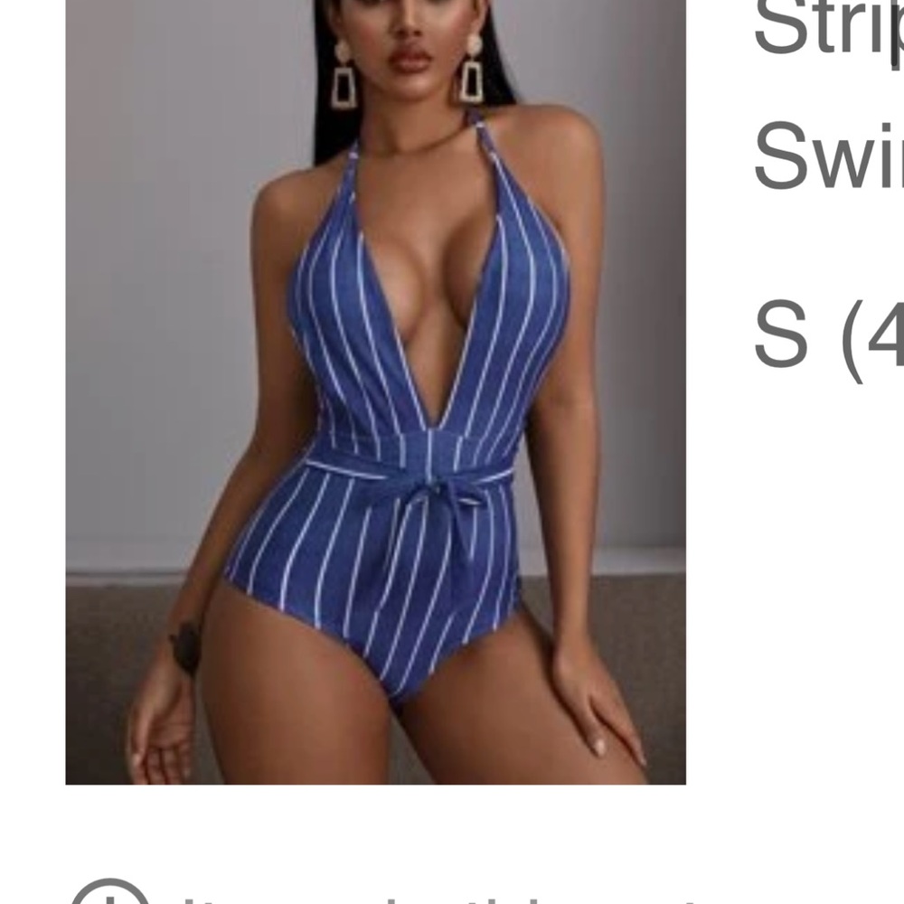 SHEIN Blue and White Striped One Piece Swimsuit